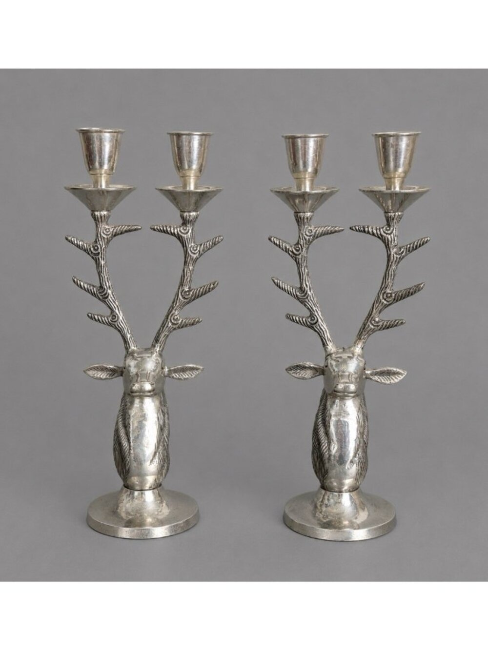 Vintage Pair/Set Silver Tone Metal Reindeer Deer Candlesticks Candle Holders